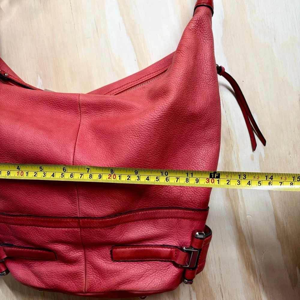 B. Makowsky Coral Red Pebbled Leather Hobo Shoulder Bag Slouch Purse